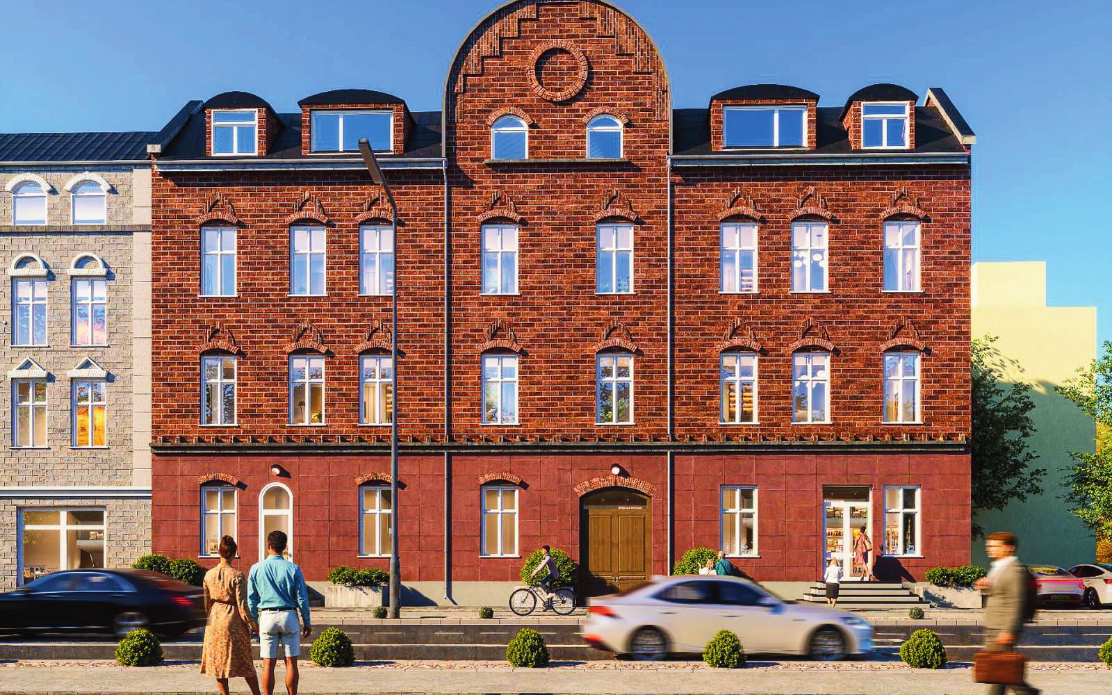 Kamienica Goethego 28 w Zabrzu — front od ulicy, ceglana elewacja, lokale usługowe w parterze